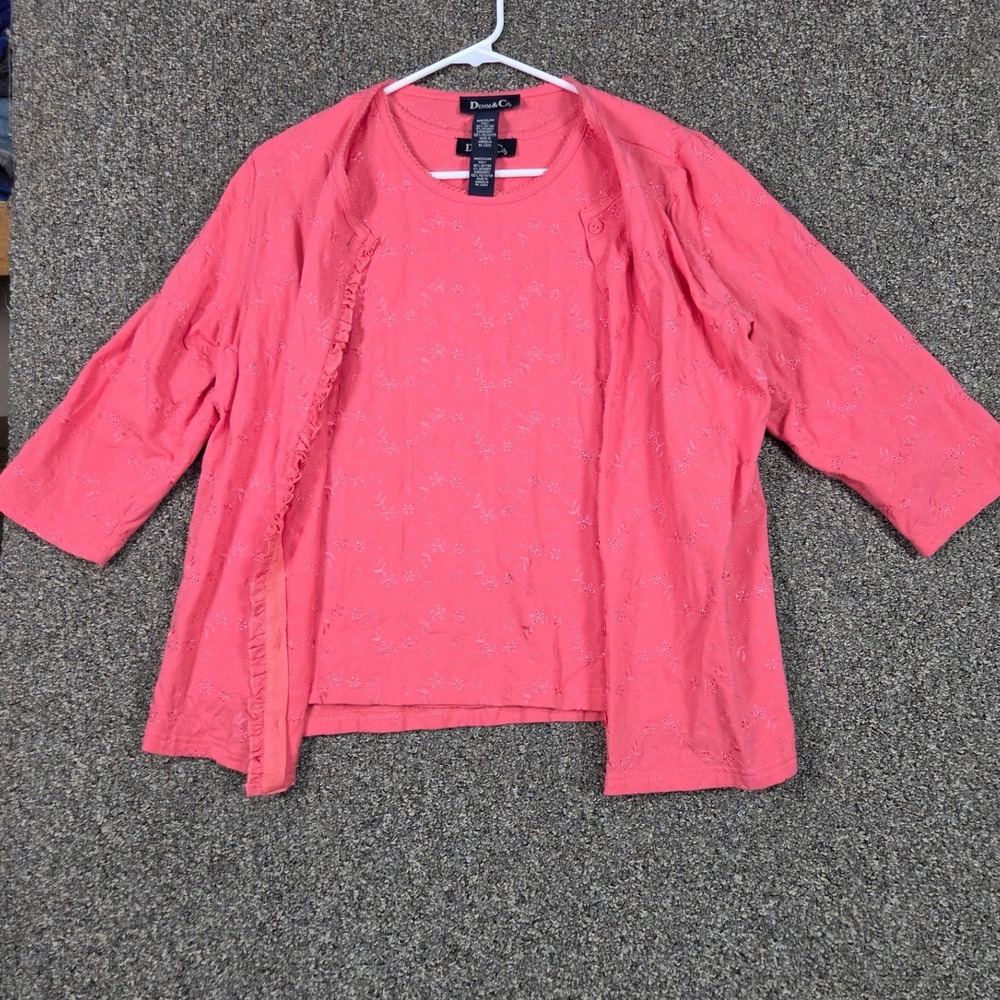 Denim‎ & Co Cardigan Set Women Medium Pink Floral Embroidered Ruffle Twin Set